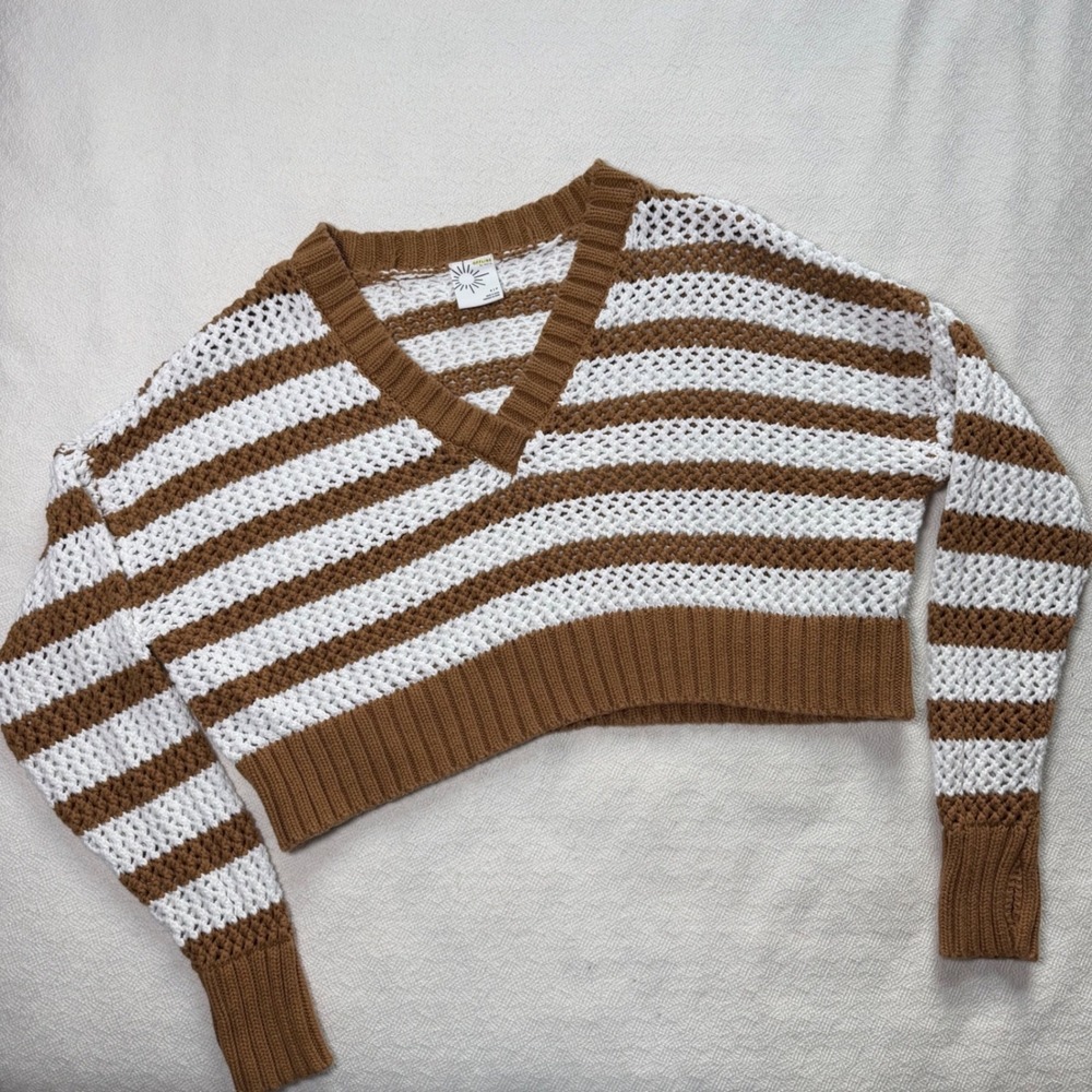 OFFLINE by Aerie Women Brown White Striped Crochet Sweater Shrug Size S